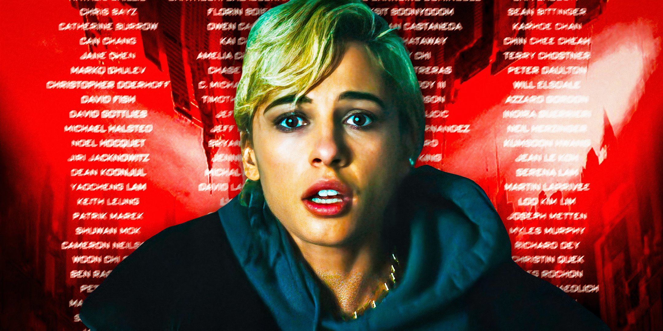 Naomi Scott as Skye Riley in Smile 2 with credits behind her