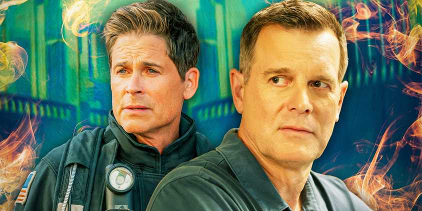 Imagery from The 9-1-1 Franchise featuring Rob Lowe as Owen Strand and Peter Krause as Bobby Nash