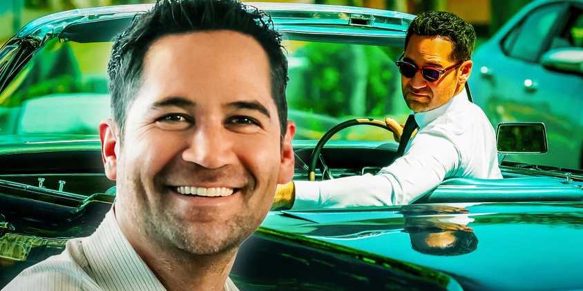 Mickey smiles next to himself in a Lincoln convertible in The Lincoln Lawyer season 3.