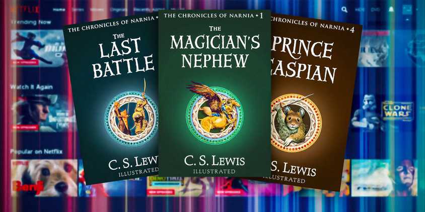 The book covers of The Last Battle, The Magician's Nephew, and Prince Caspian: The Return to Narnia, from The Chronicles of Narnia series by C. S. Lewis.