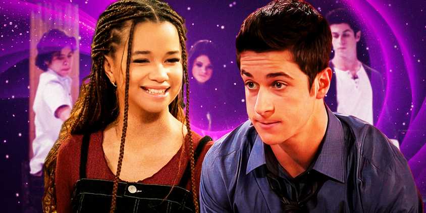 Justin Russo looking surprised to the right and Billie smiling to the left both from Wizards Beyond Waverly Place in front of a purple background image showing Alex Russo, Max Russo, and Justin Russo using magic in Wizards of Waverly Place