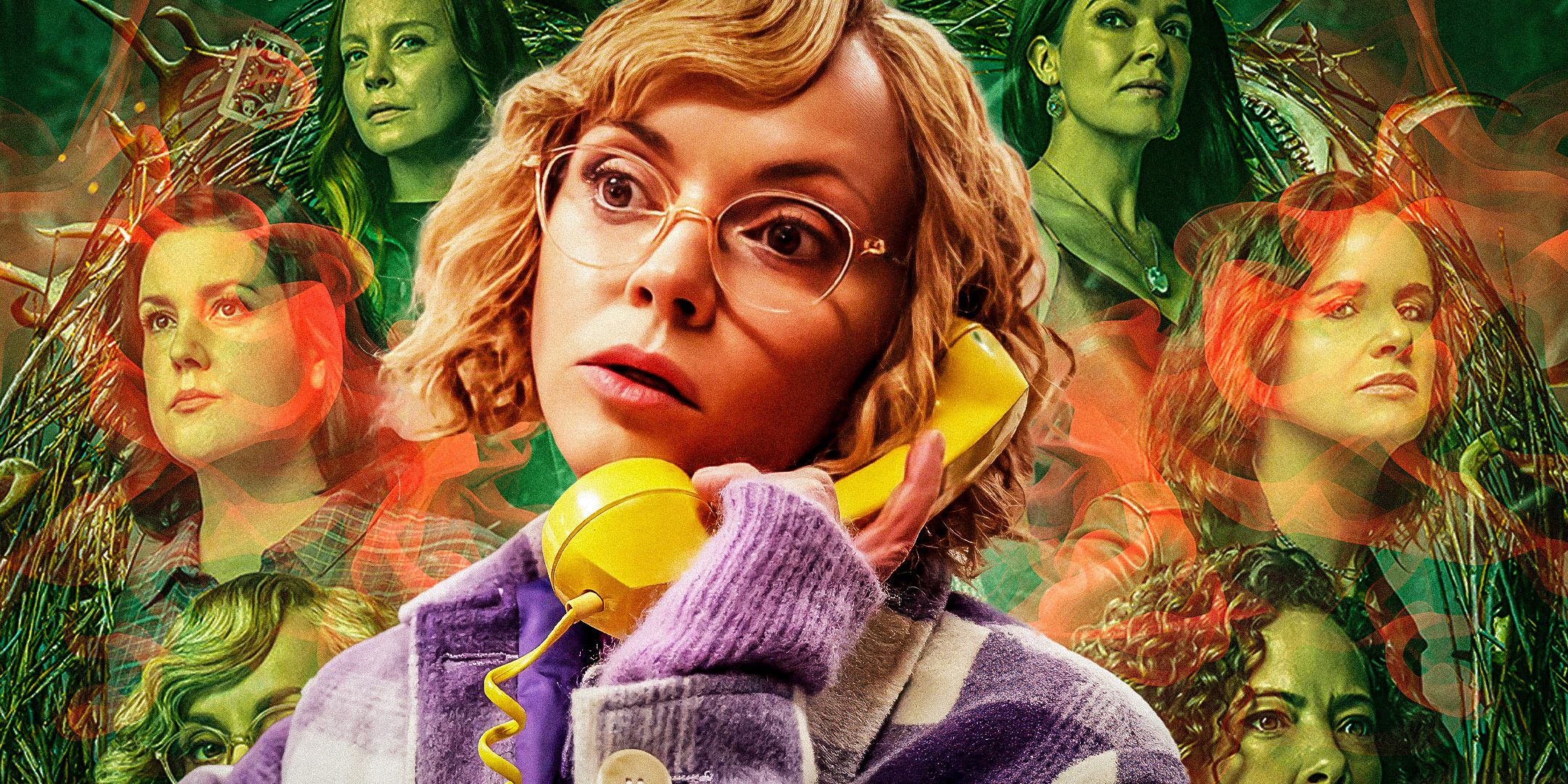 Misty on the phone in Yellowjackets with the faces of other characters behind her in a custom image