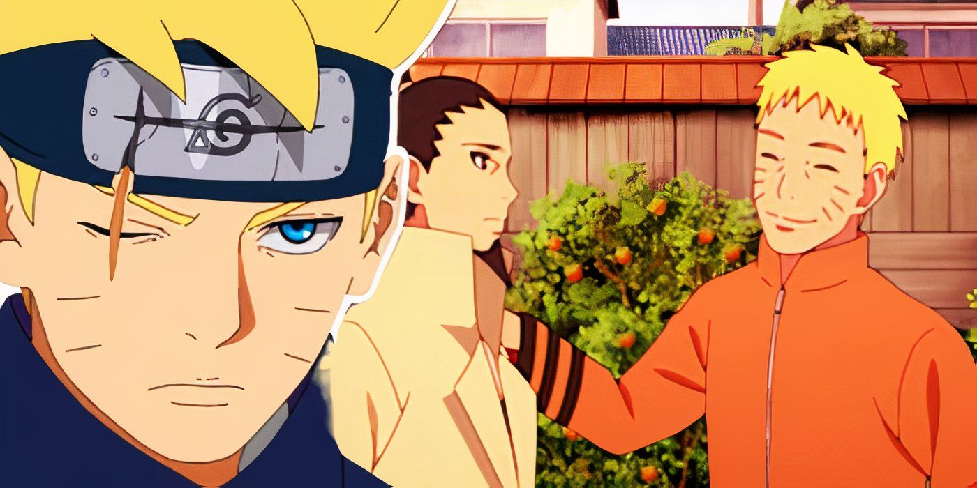 Boruto looking sternly with Shikamaru and Naruto in the background