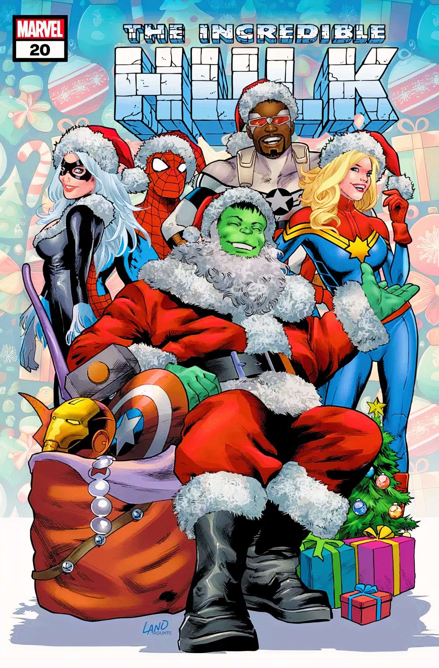 Variante de feriado do Incredible Hulk # 20, Hulk vestido de Papai Noel ao lado de outros heróis festivos da Marvel