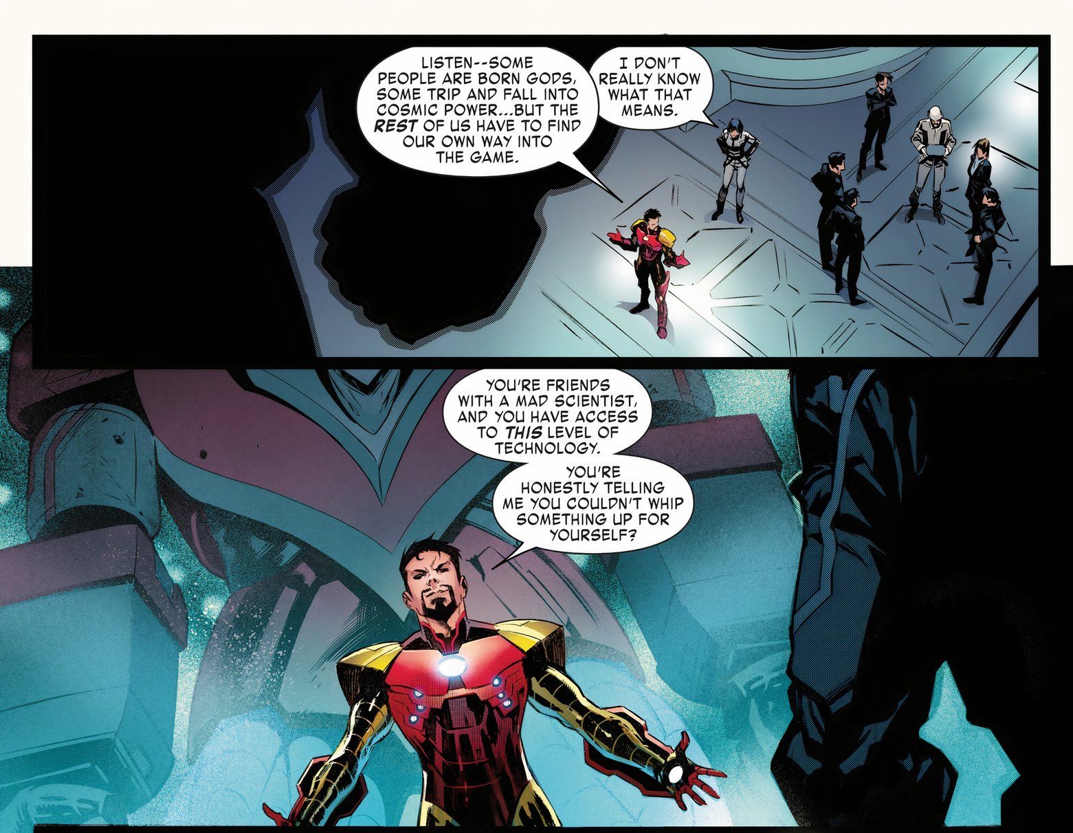 Comic book panels: Iron Man with the Ultra Guard in front of Ultraman mech. 