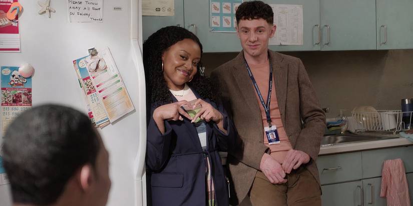 Janine Teagues (Quinta Brunson) & Jacob Hill (Chris Perfetti) looking smug In Abbott Elementary Season 3, Episode 6, "Willard R. Abbott"