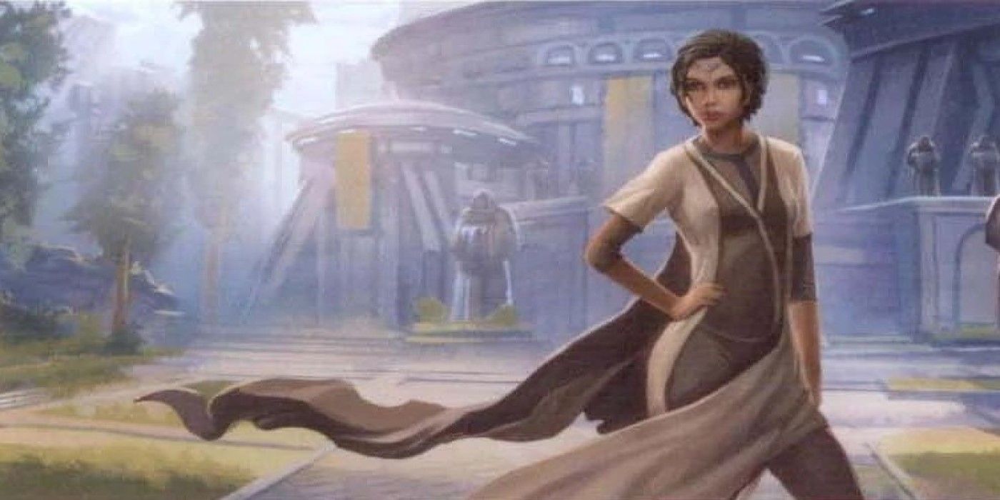 Jaesa Willsaam stands in front of the Jedi Temple on Tython in Star Wars The Old Republic