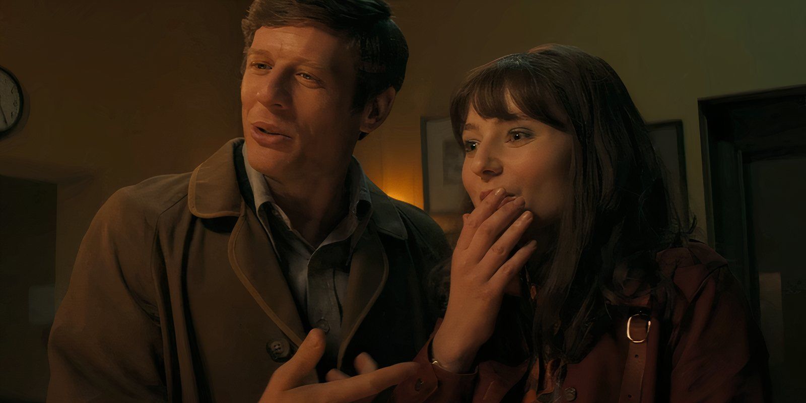 James Norton and Thomasin McKenzie as two researchers happy about a pregnancy test in Joy