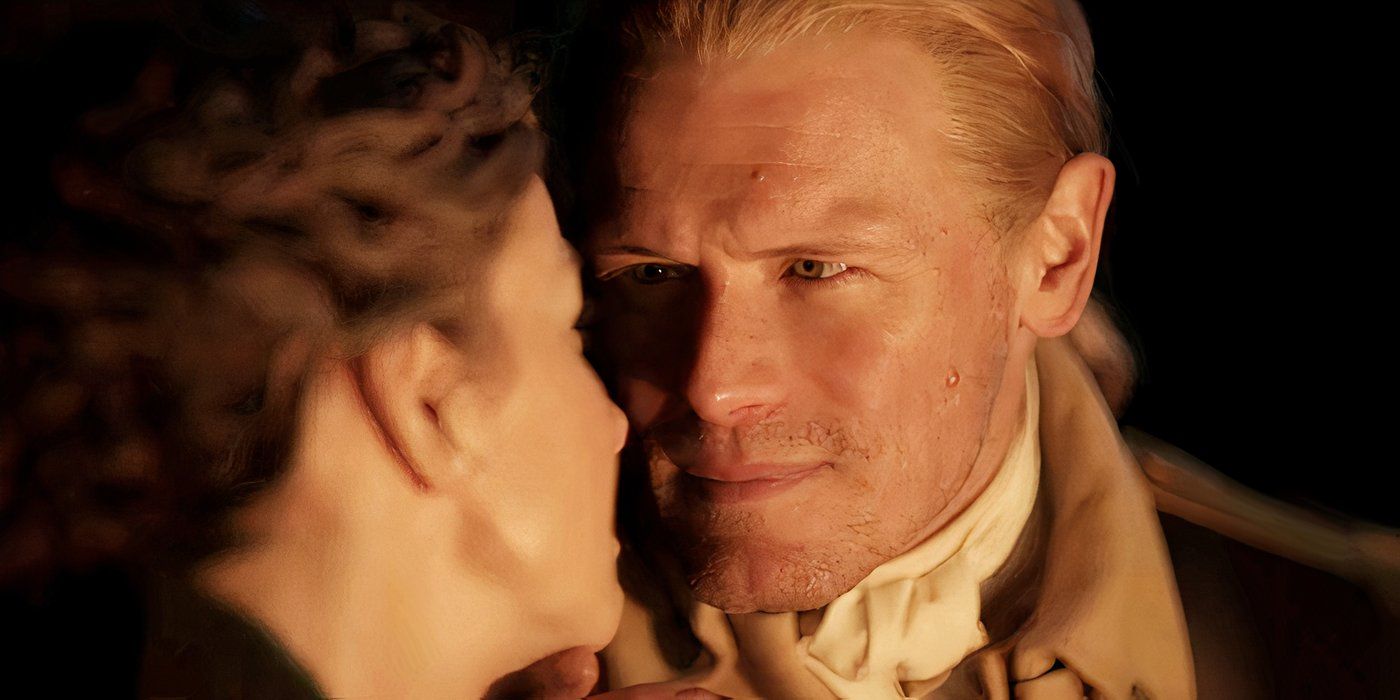 Jamie looking into Claire's eyes by a fire in Outlander season 7 part 2