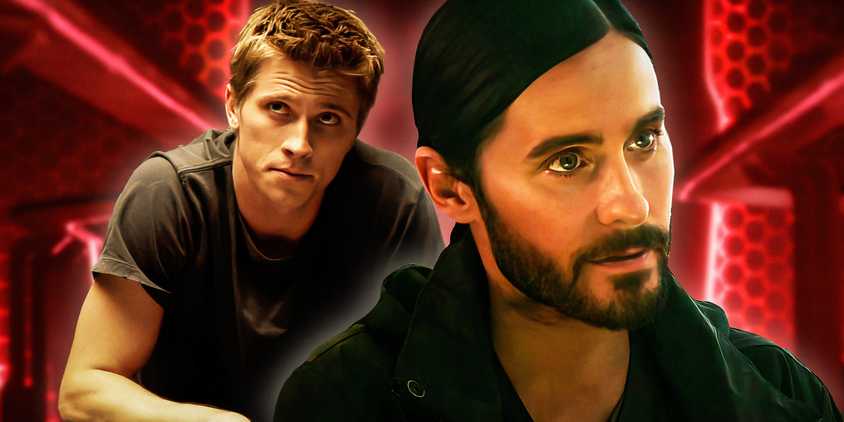 Garrett Hedlund as Sam Flynn in Tron: Legacy and Jared Leto in front of a red background