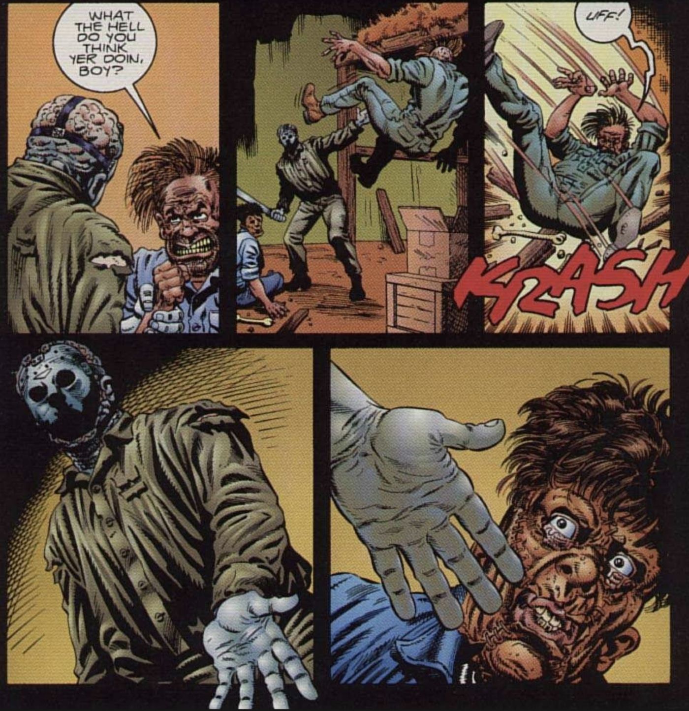 Comic book panels: Jason Knocks Back Hitchhiker and Helps Leatherface up.