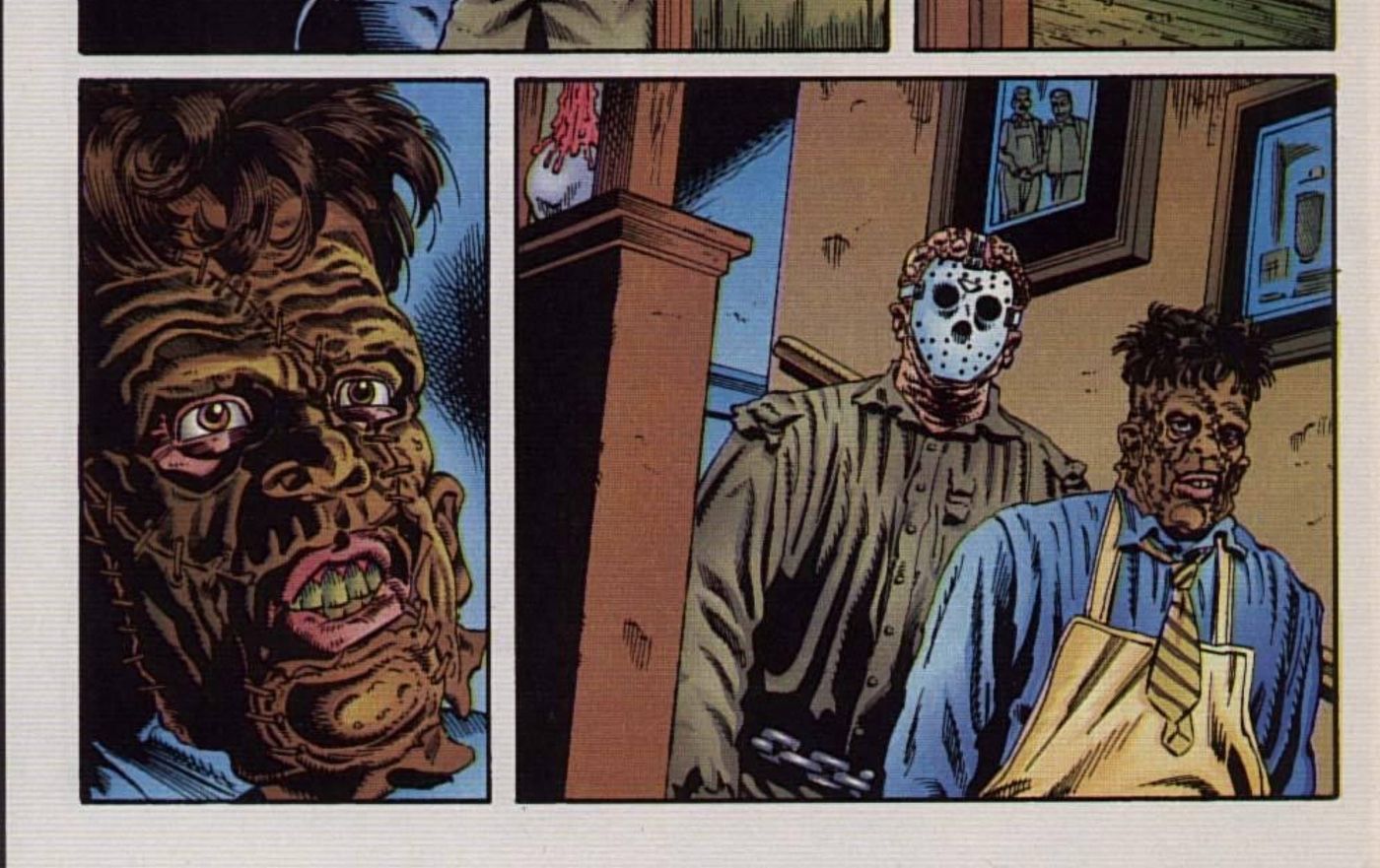 Comic book panels: Leatherface and Jason Walk Downstairs Together.