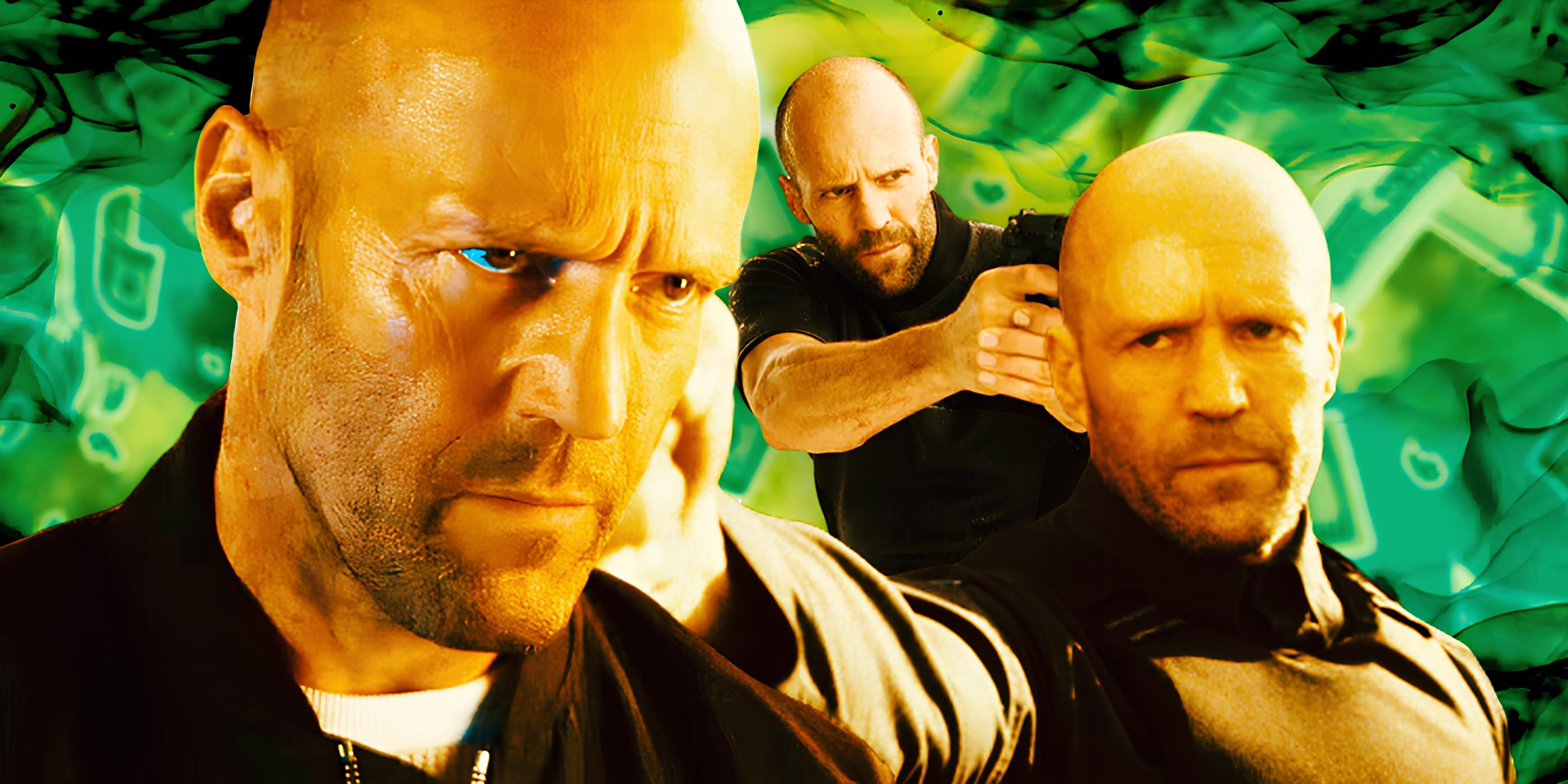 Uma colagem de filmes de ação de Jason Statham, incluindo Mechanic: Resurrection, Wrath of Man e Fast & Furious