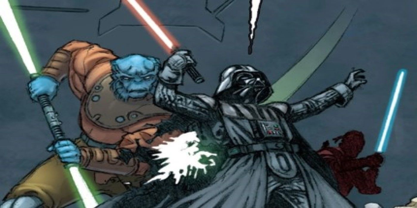 Jastus Farr strikes Darth Vader with his double-bladed lightsaber in Star Wars