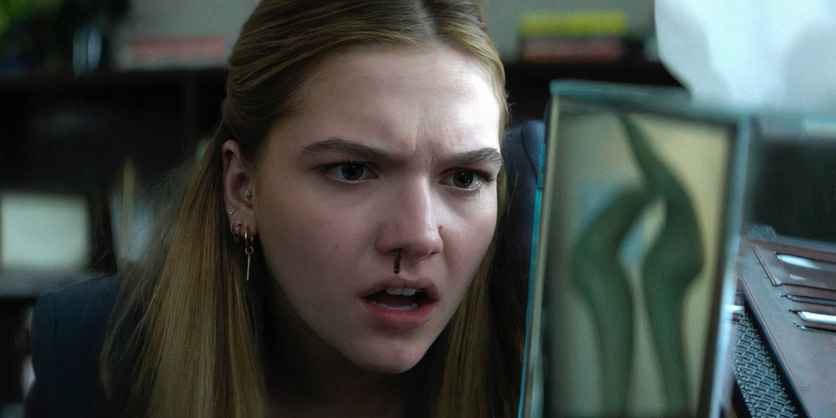 Jayden Bartels as Cece looking confused as she has a weird-looking nosebleed in Goosebumps The Vanishing