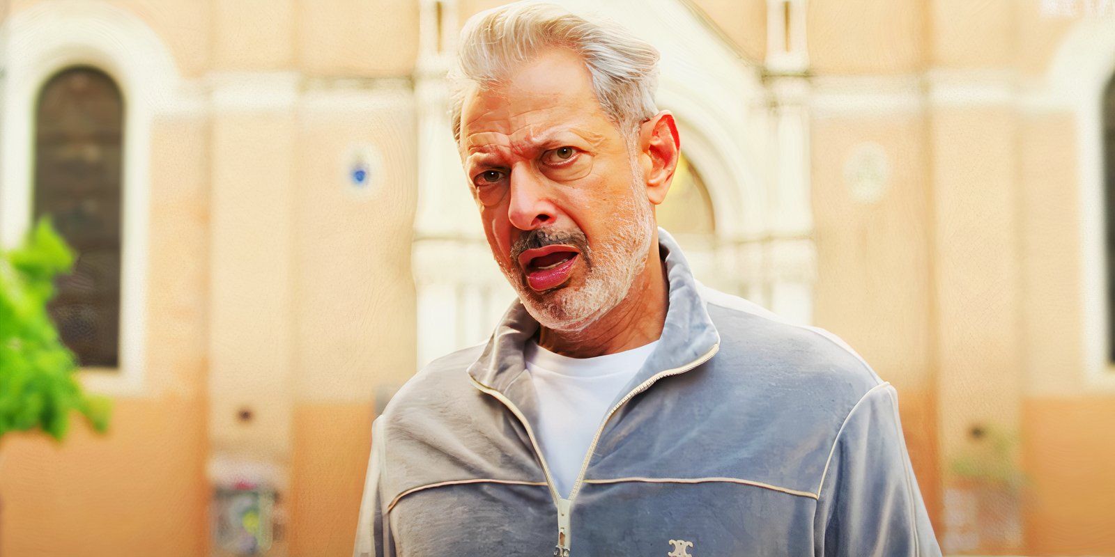 Jeff Goldblum with his mouth agape as Zeus in Kaos