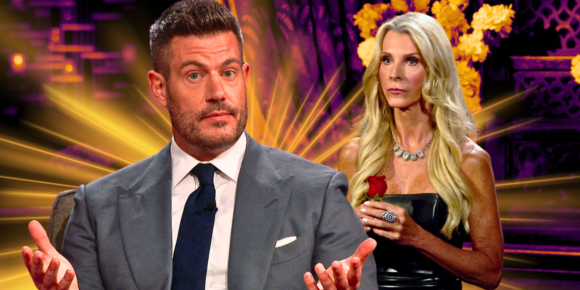 The Golden Bachelorette's Jesse Palmer holds out his hands and Joan Vassos is serious holding a rose.