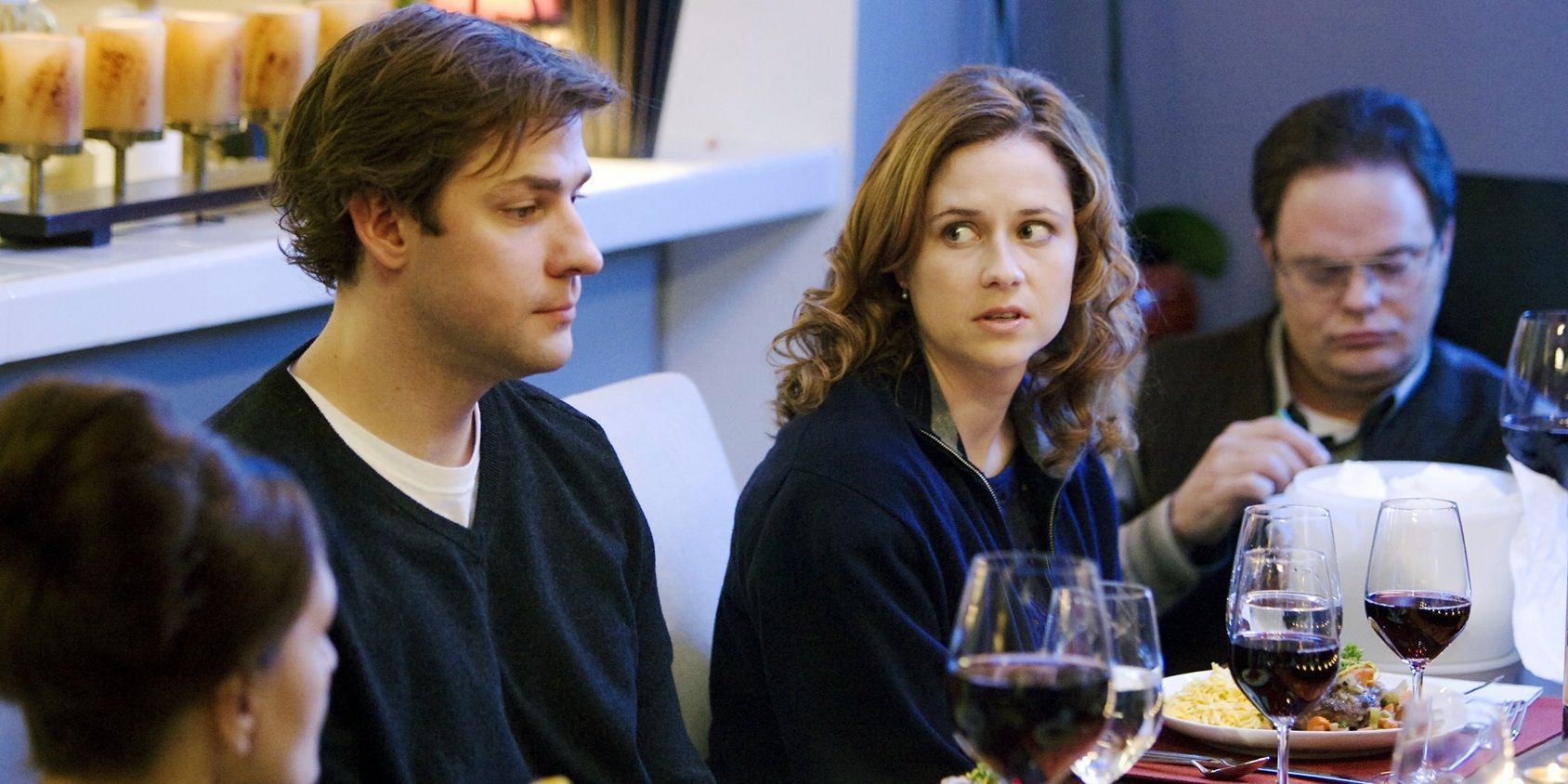 Jim and Pam looking uncomfortable in The Office 'Dinner Party'