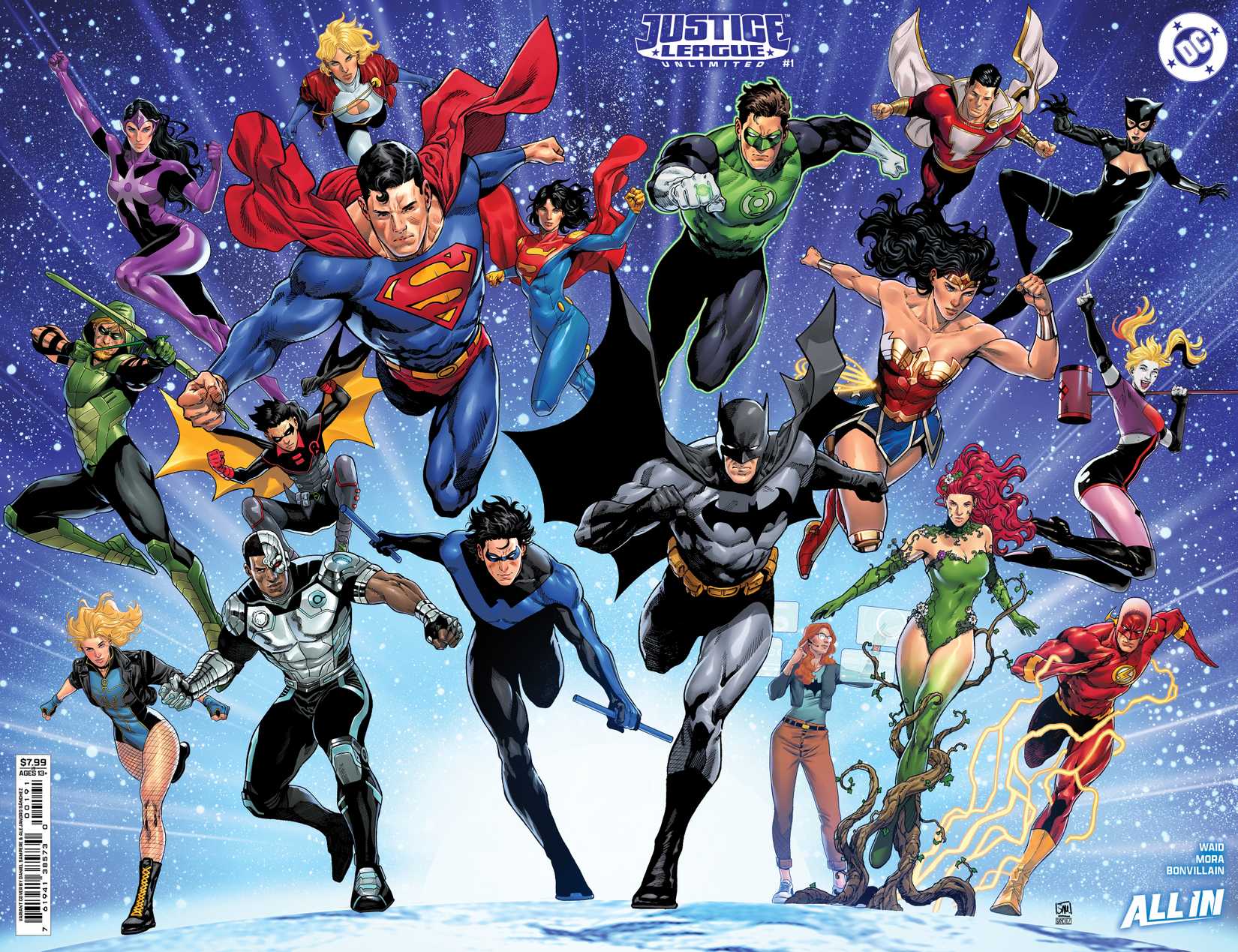 Comic book cover: the Justice League sprints into action.