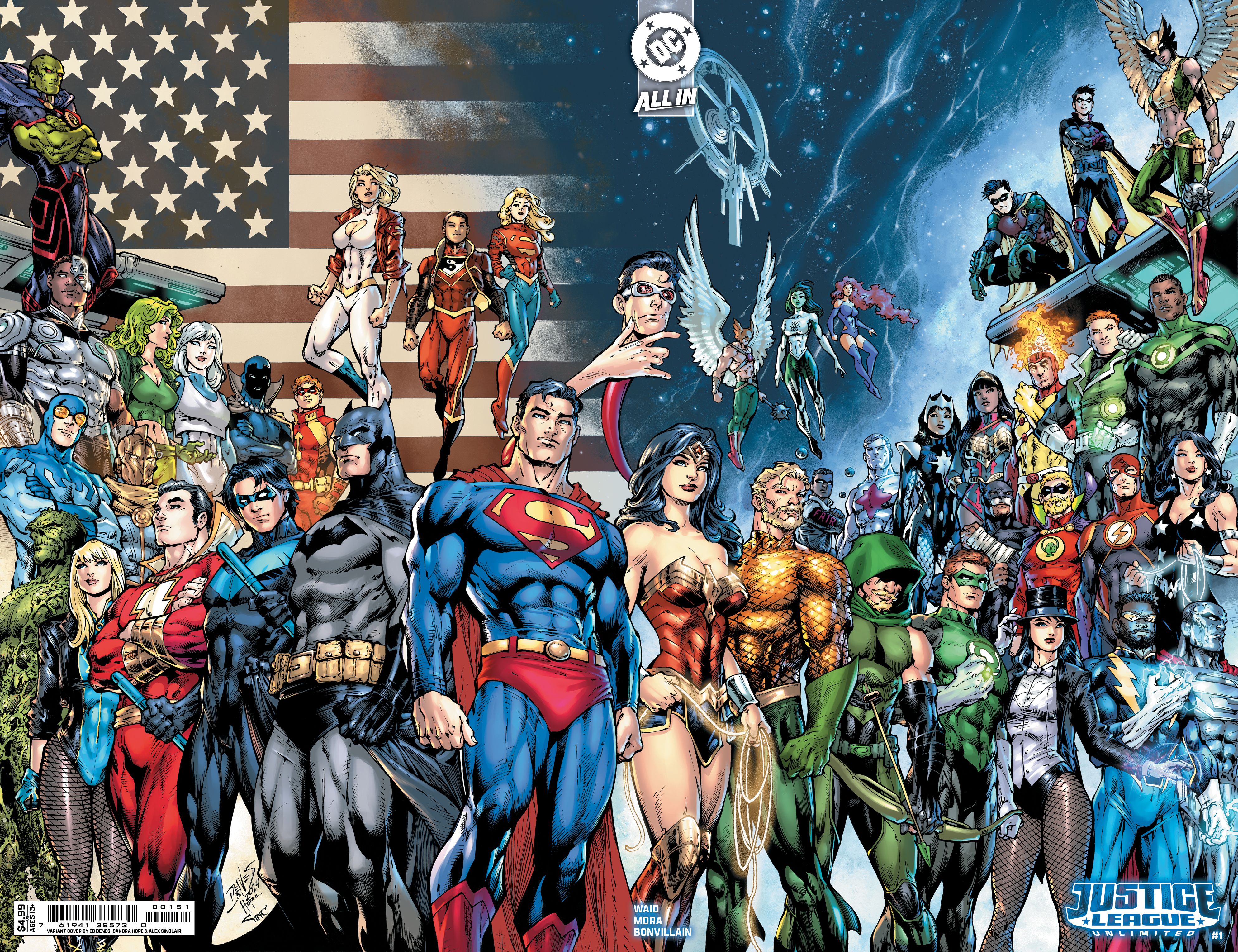 Justice League Unlimited #1 wraparound variant, the team's roster against the backdrop of an American flag & space.