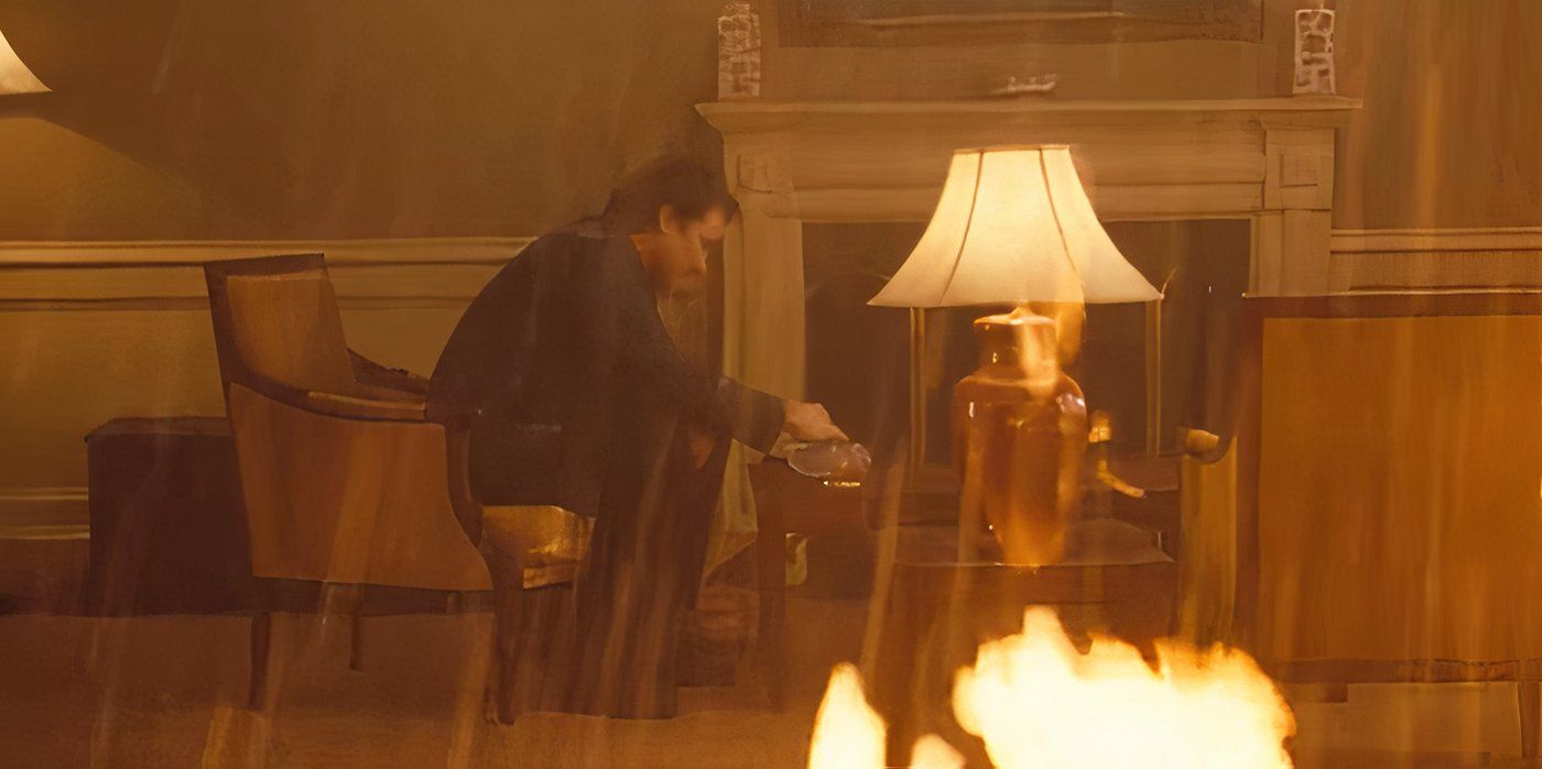 John Cusack as Mike Enslin burning the hotel room in 1408