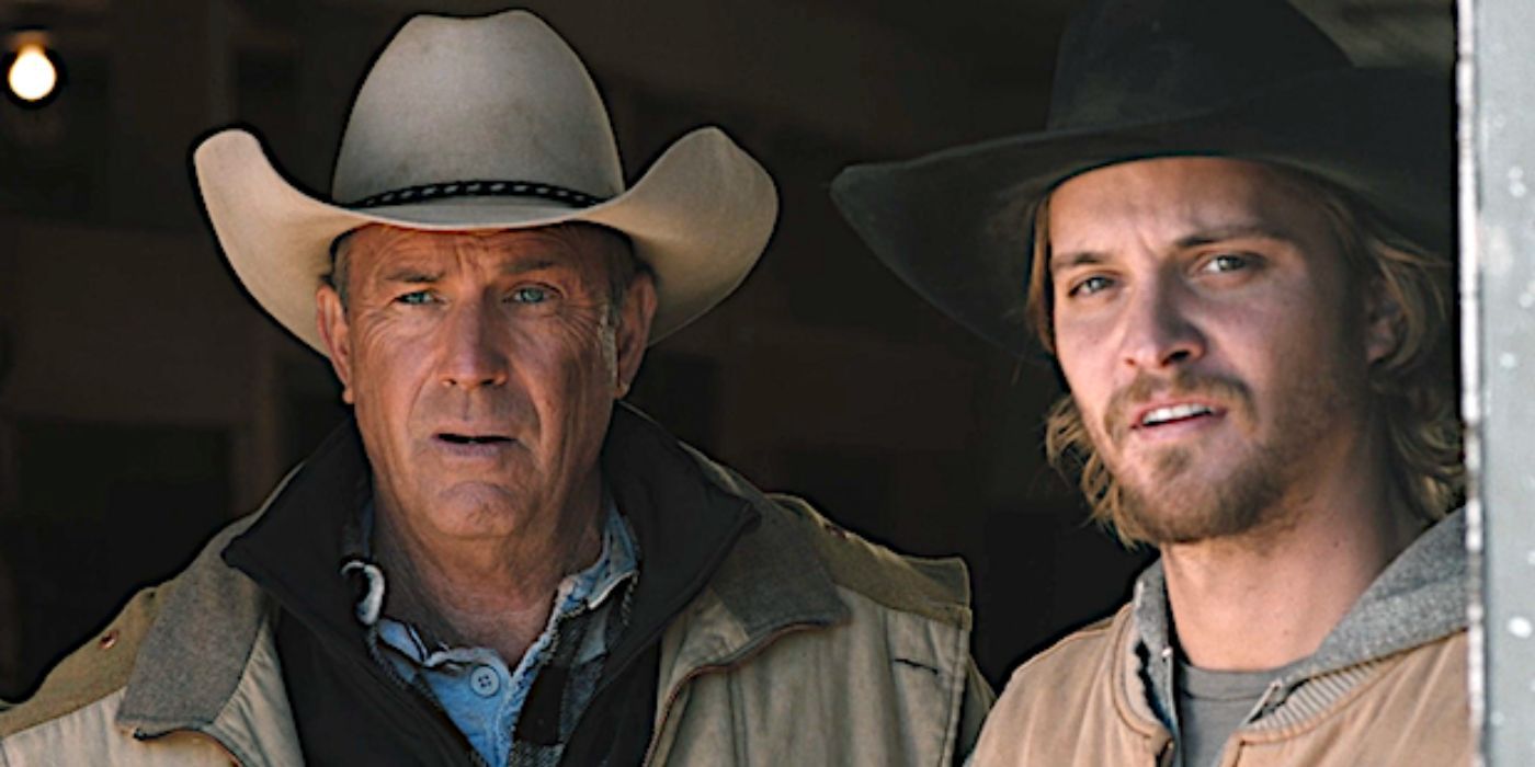 John (Kevin Costner) and Kayce (Luke Grimes) are looking confused in Yellowstone.