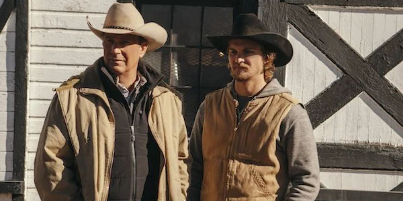 John (Kevin Costner) and Kayce (Luke Grimes) standing together in Yellowstone