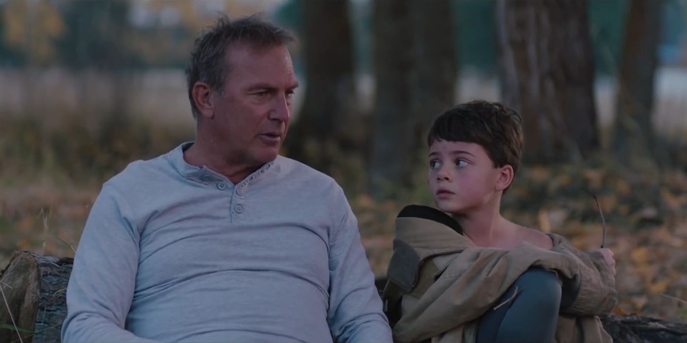 John (Kevin Costner) and Tate (Brecken Merrill) talking to each other after Tate almost drowns in Yellowstone