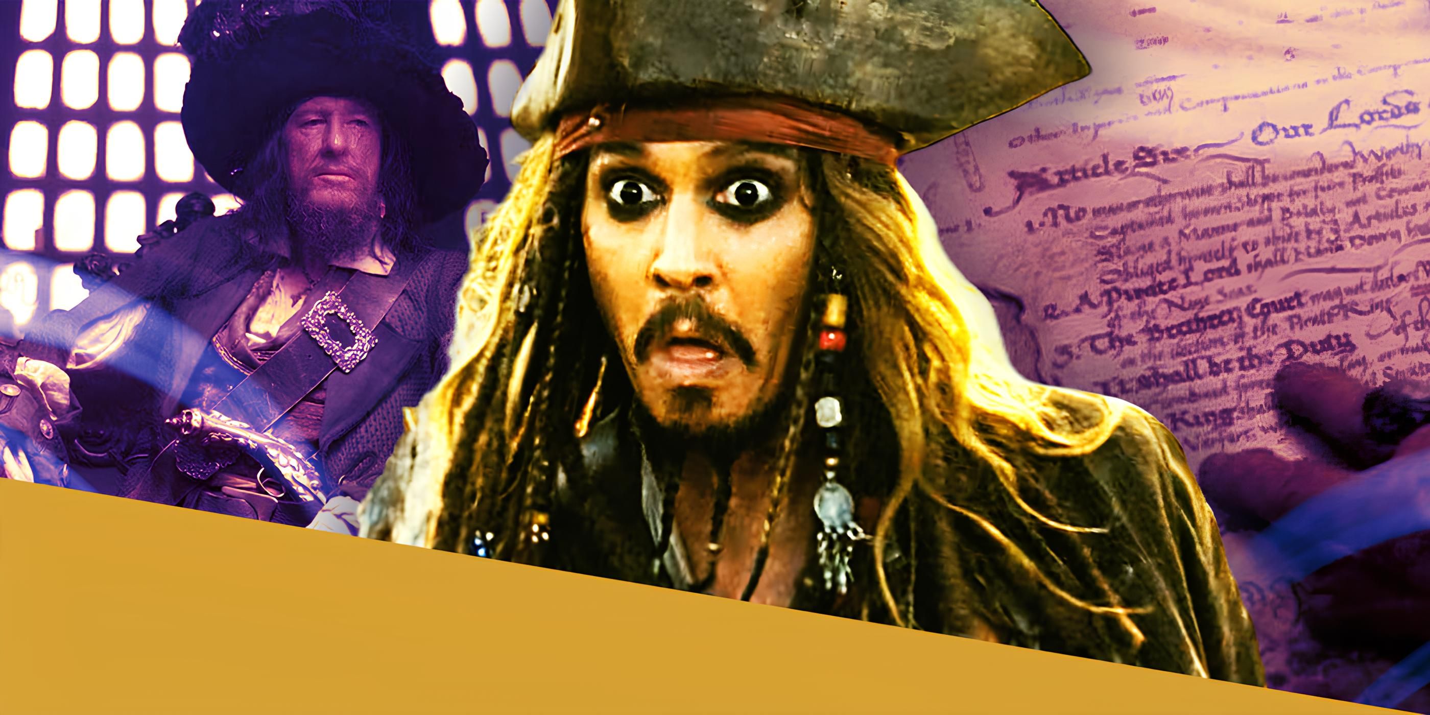 Johnny Depp as Captain Jack Sparrow with Geoffrey Rush as Barbossa in Pirates of the Caribbean next to a scroll