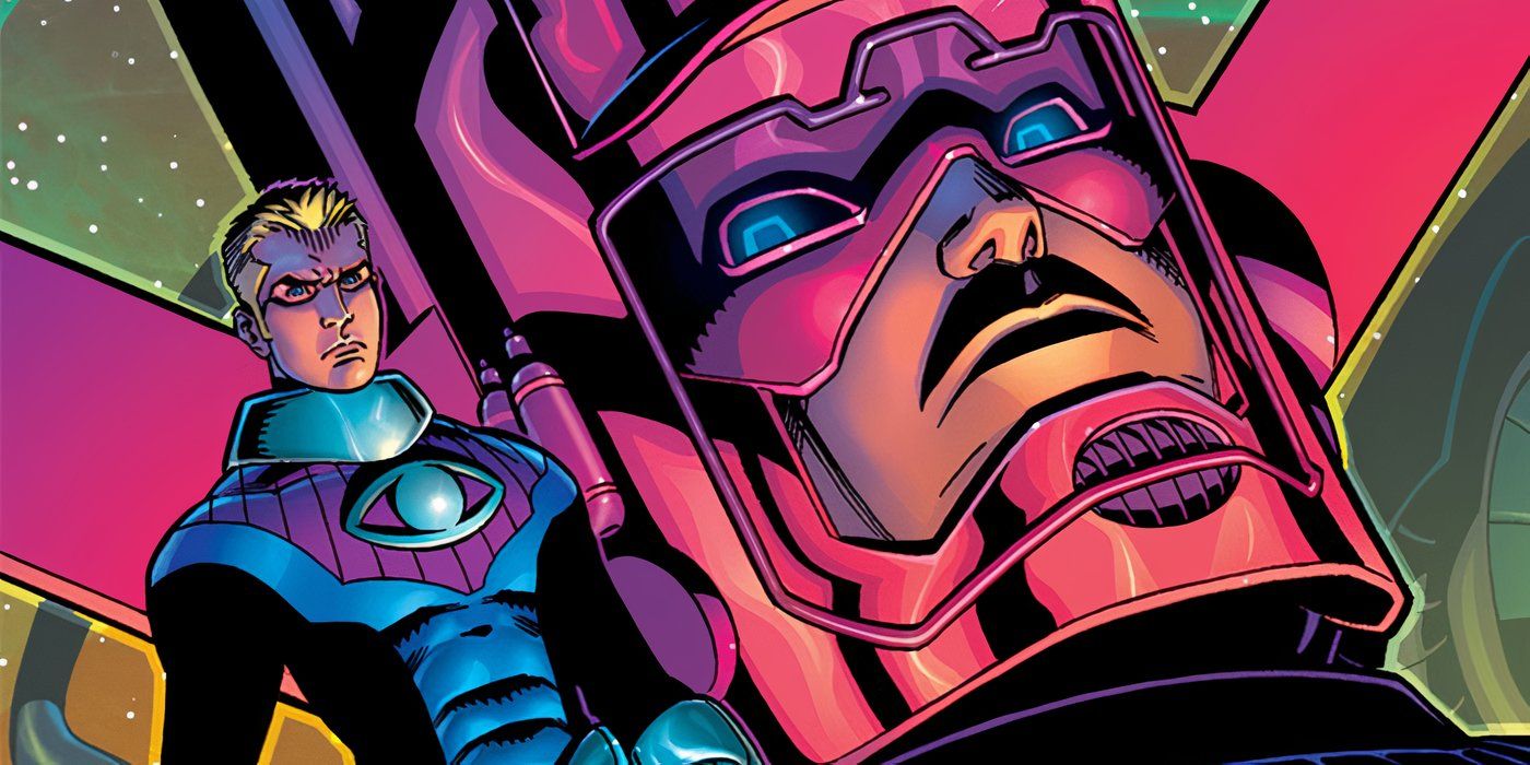 Comic book art: Johnny Storm stands beside Galactus as his new Herald with the Power Cosmic.