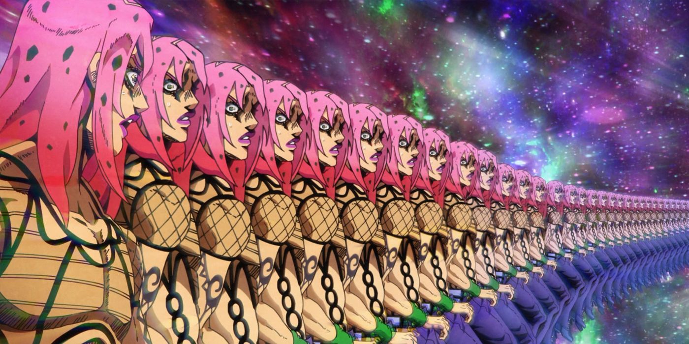 Diavolo looks at an infinite recursion of himself in the credits sequence.