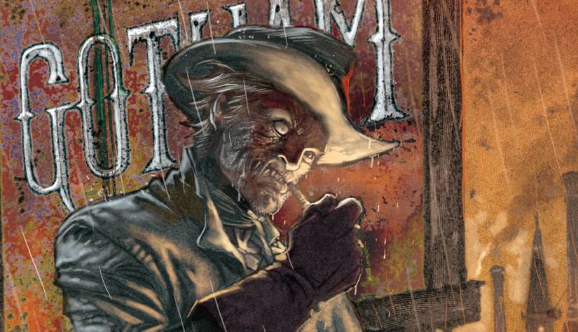 Comic book art: Jonah Hex lights a cigar in front of Gotham sign