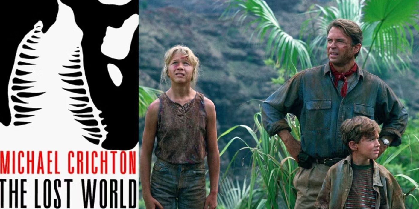 Jurassic Park book cover and the first movie