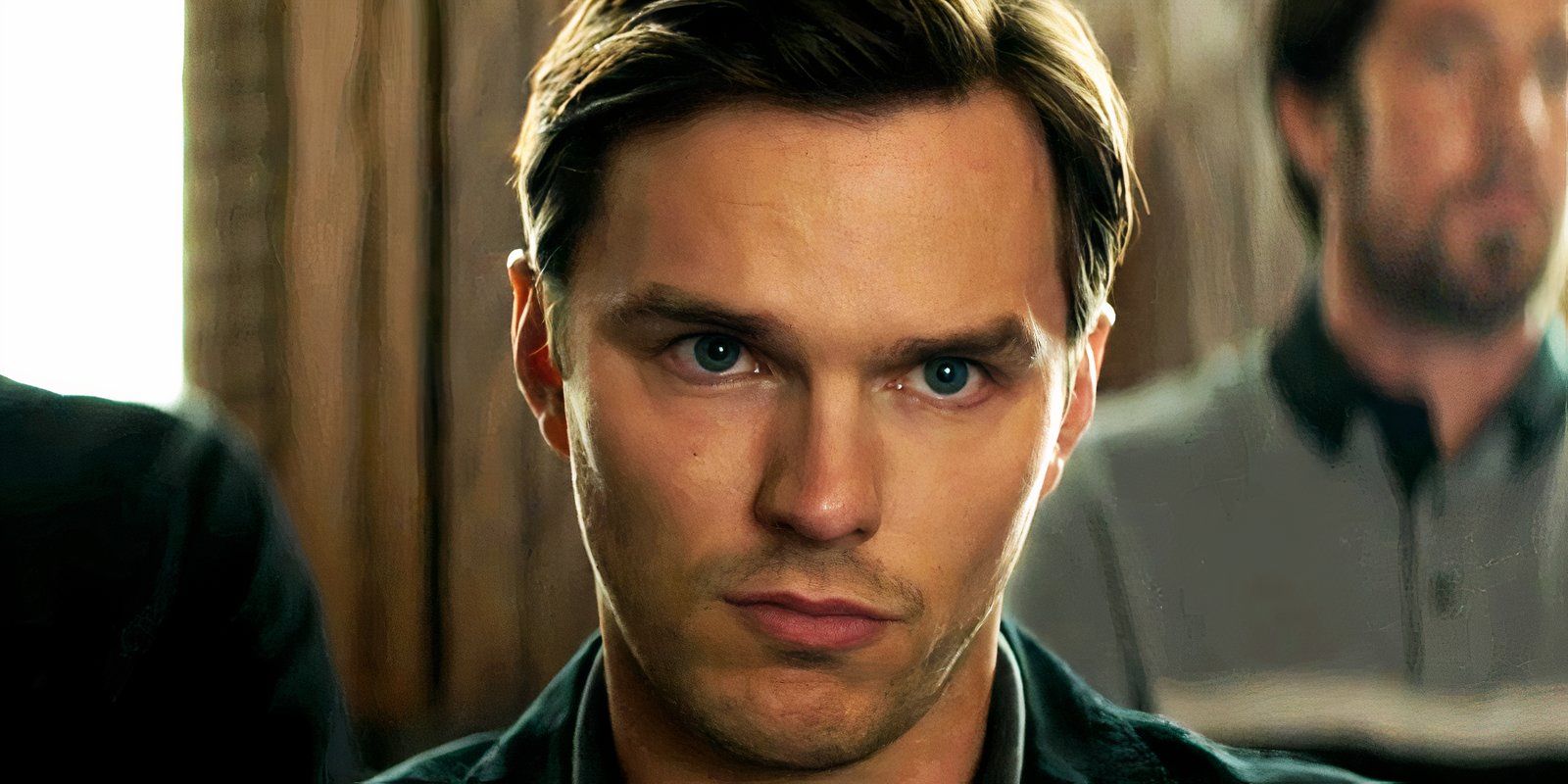 Nicholas Hoult looking forward in a close up shot in Juror #2