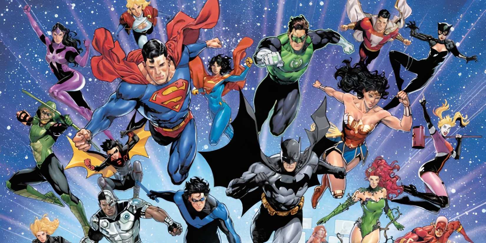 Comic book art: the Justice League flying and leaping forward.