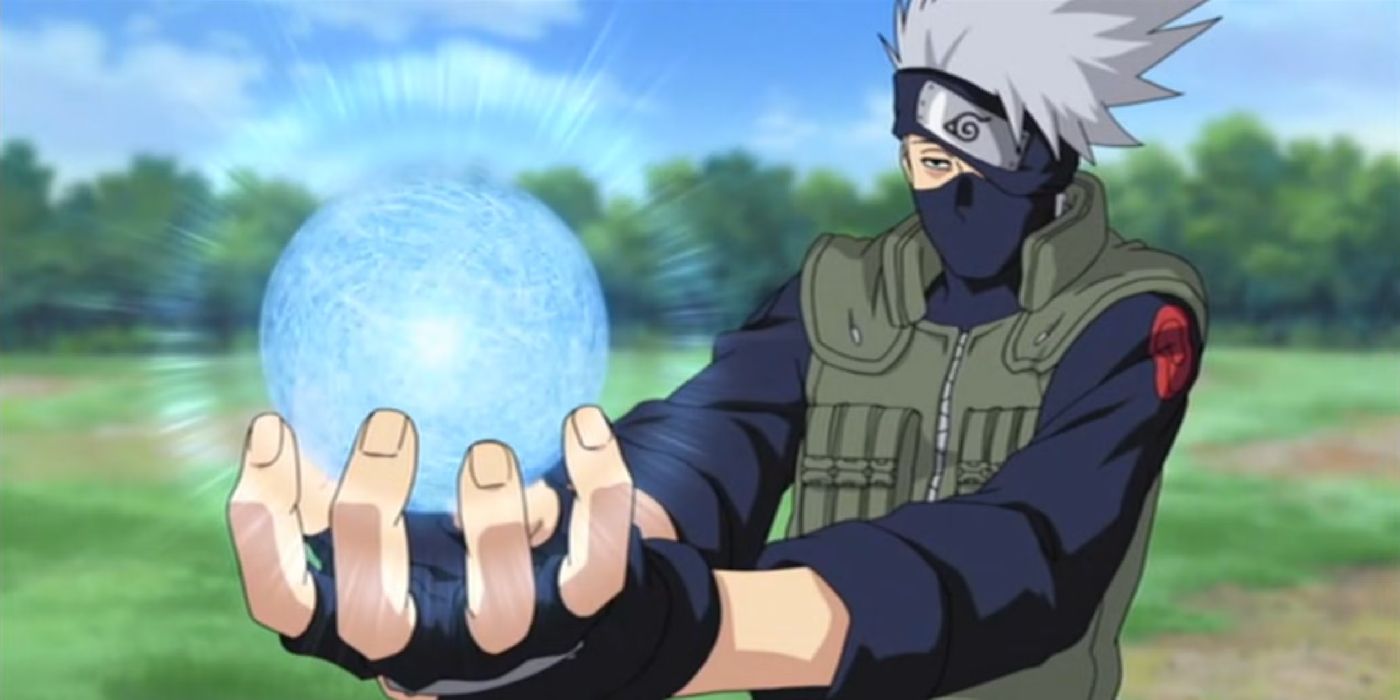 Kakashi prepara el Rasengan hacia Naruto con su característica expresión aburrida.