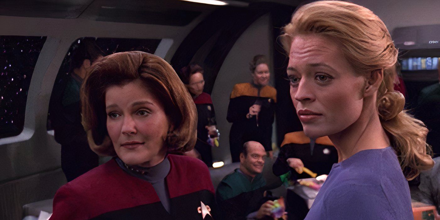 Kate Mulgrew y Jeri Ryan miran por encima del hombro en la misma dirección.