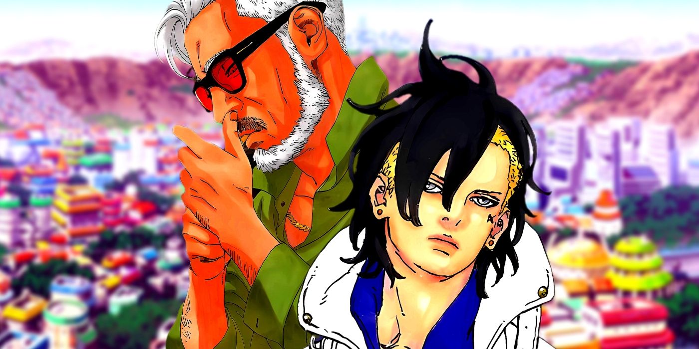 Kawaki and Amado standing side by side as seen in their Two Blue Vortex outfits. Behind them, Konoha can be seen.
