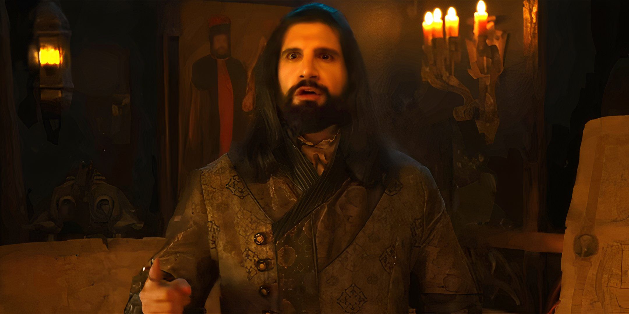 Kaivan Novak como Nandor se sorprende, insinuando algo en What We Do in the Shadows de la temporada 6