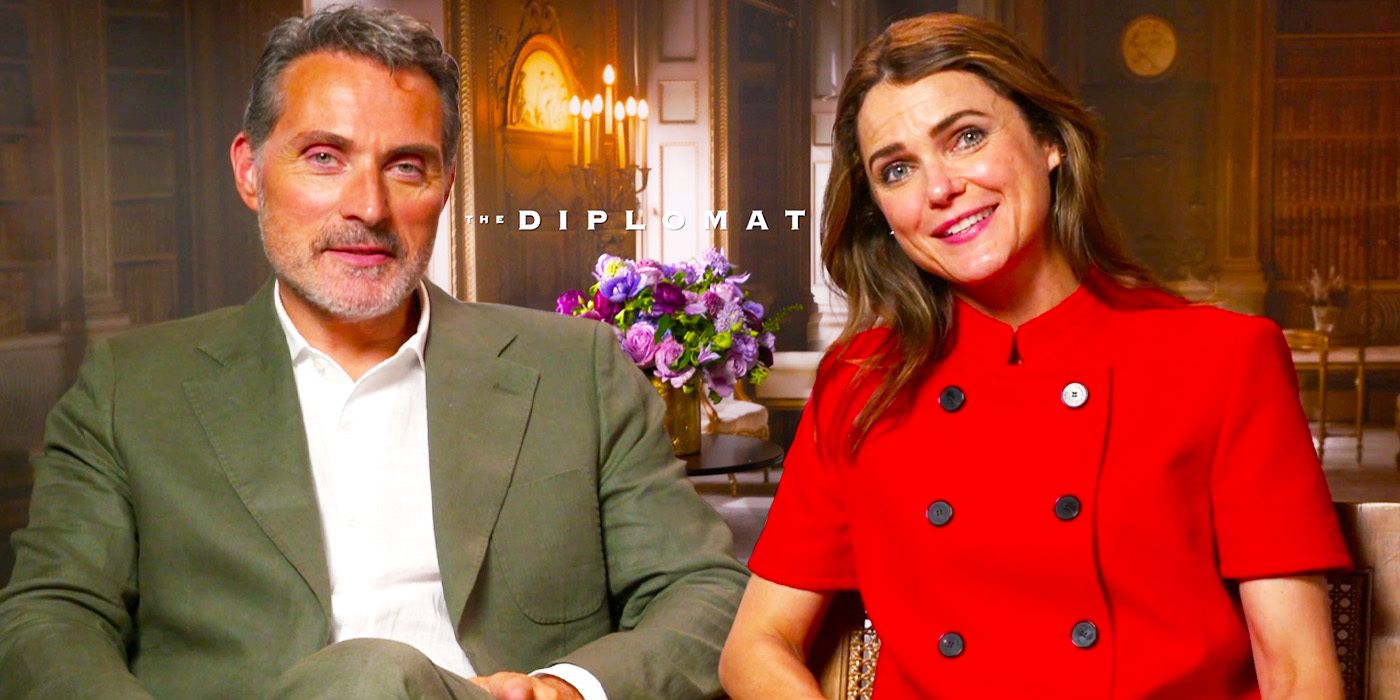 Keri Russell & Rufus Sewell smiling during The Diplomat season 2 interview