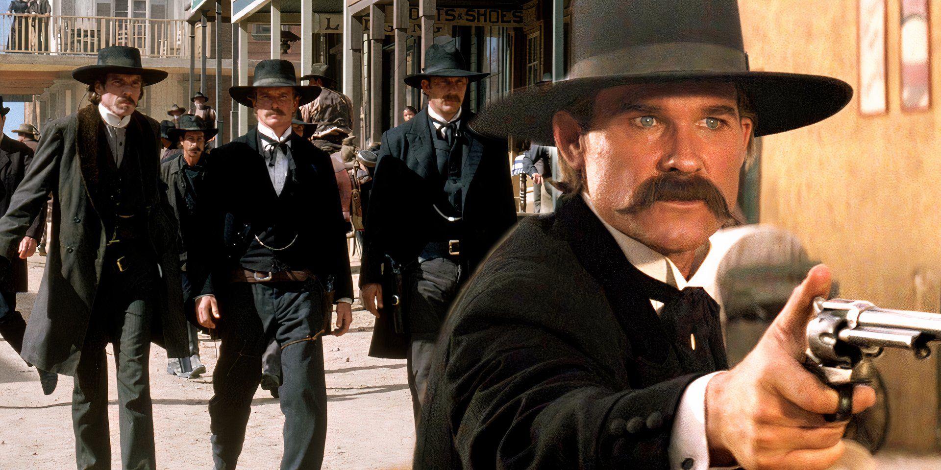 Kevin Costner and Dennis Quaid walking into town for OK Corral in Wyatt Earp while Kurt Russell aims his gun in Tombstone