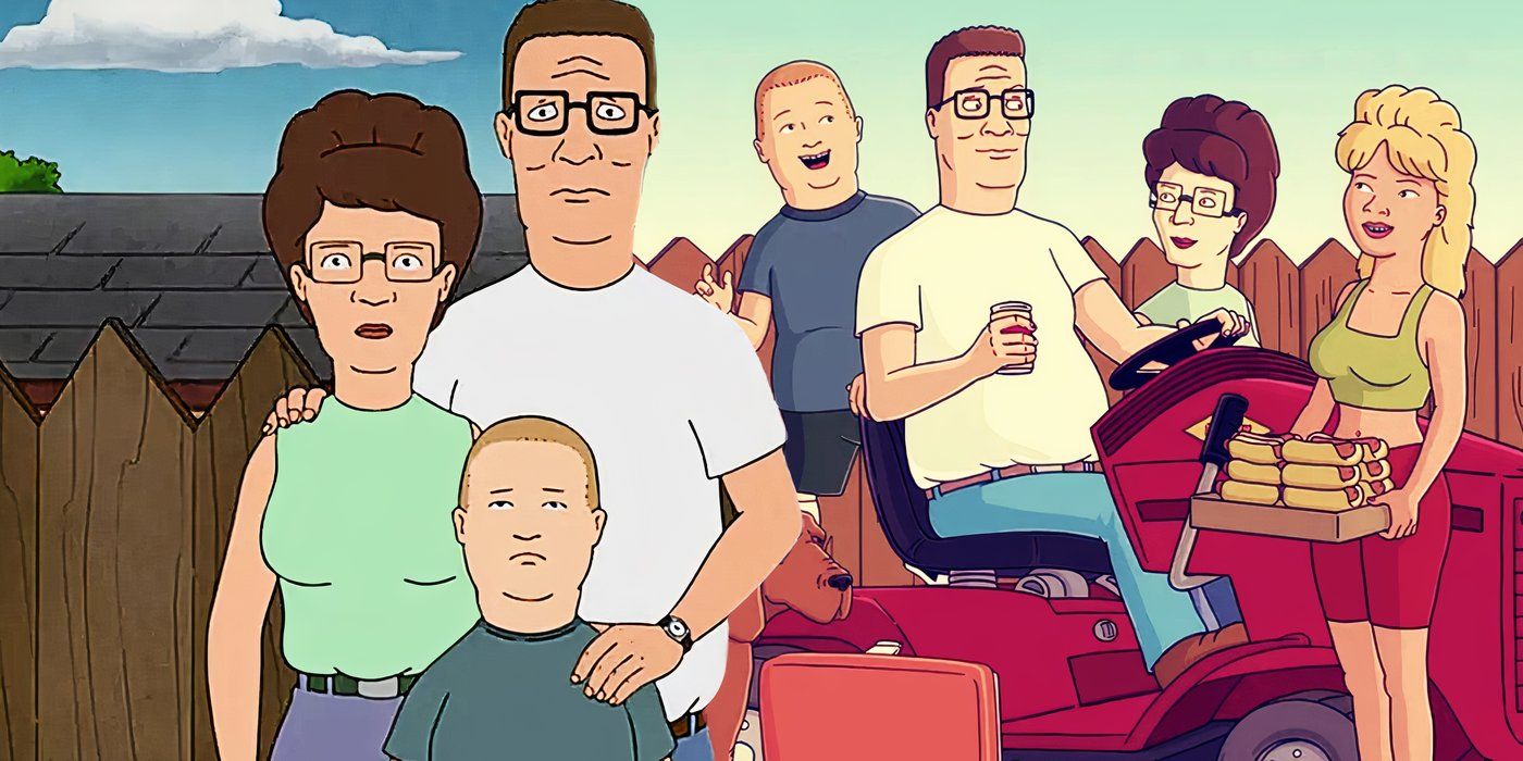 A composite image of Hank, Bobby, and Peggy standing together in front of the cast of King of the Hill standing around Hank's Lawnmower