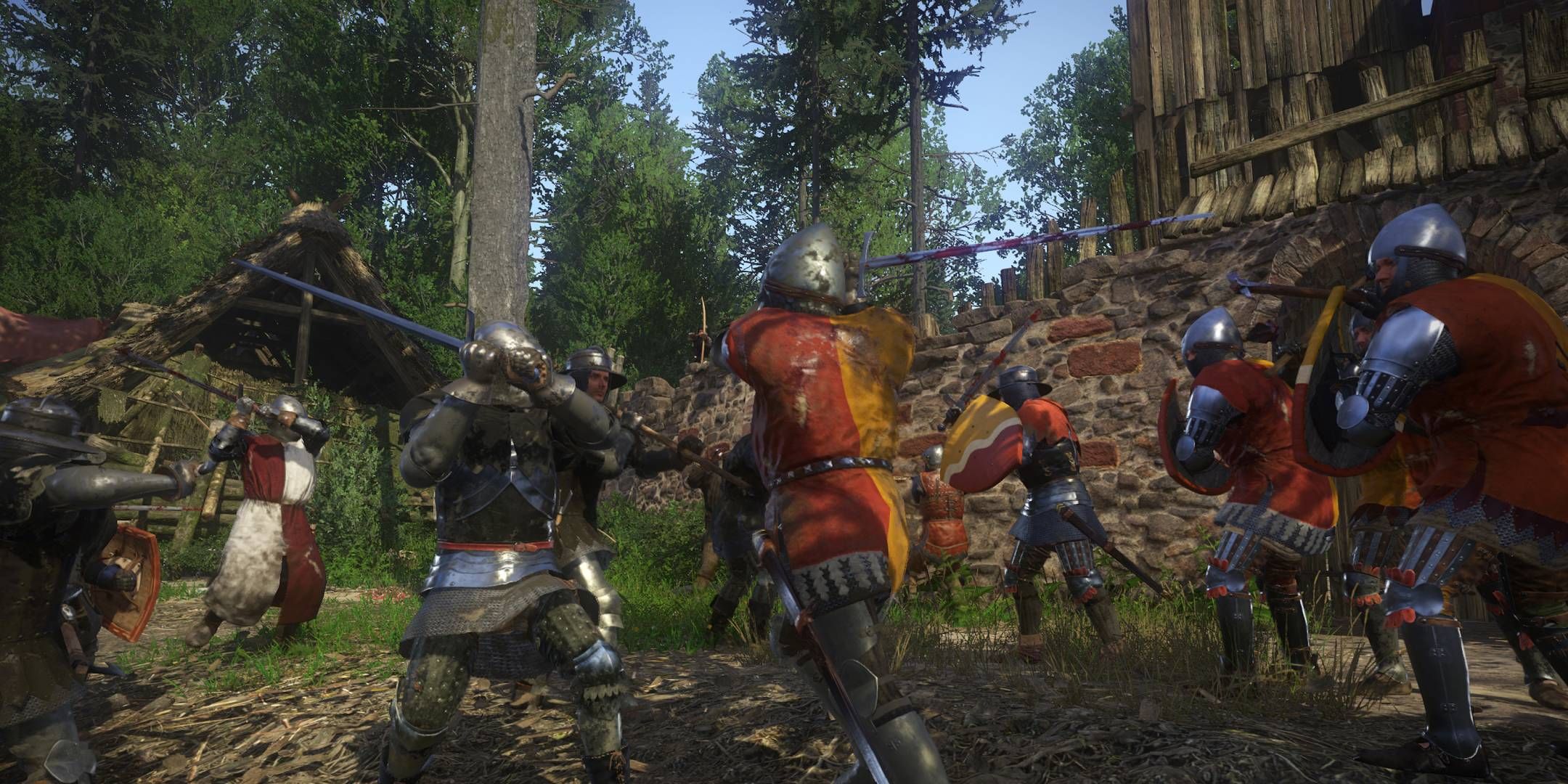 Knights fighting each other in a forest in Kingdom Come Deliverance.