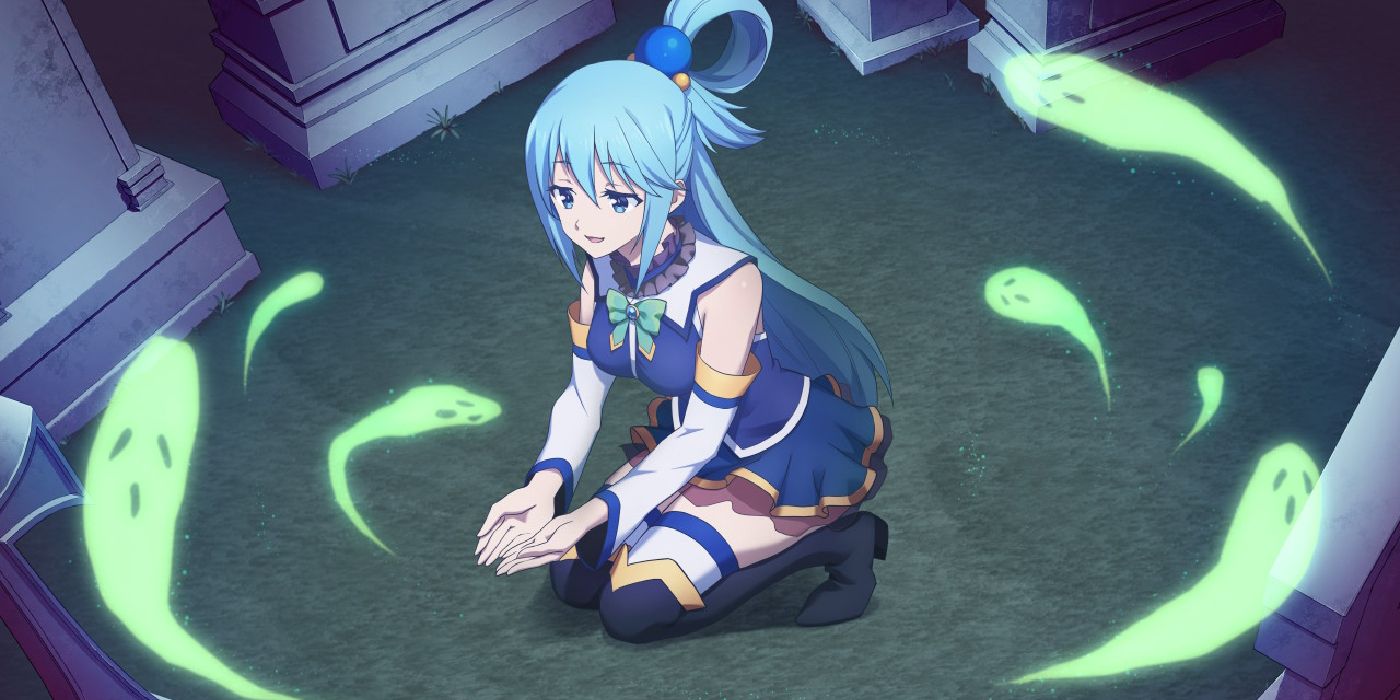 Aqua de KonoSuba ajoelhada e sorrindo com as mãos estendidas enquanto fantasmas giram ao seu redor.