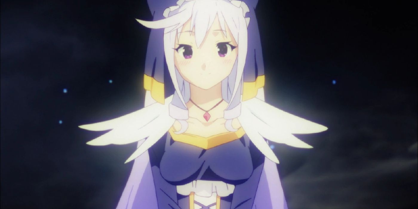 Eris de KonoSuba sorrindo em uma roupa bonita com um brilho suave ao seu redor.