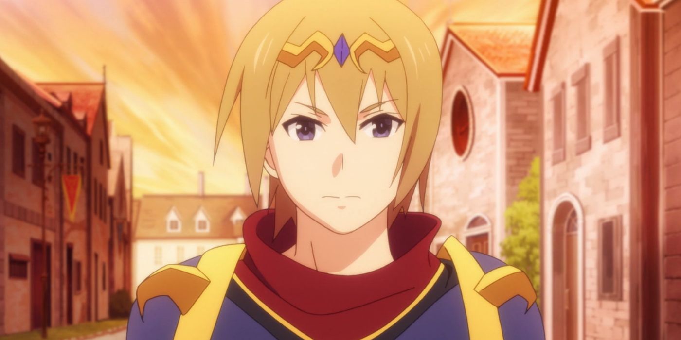 Kyouya de KonoSuba parece sério enquanto o sol se põe atrás dele.