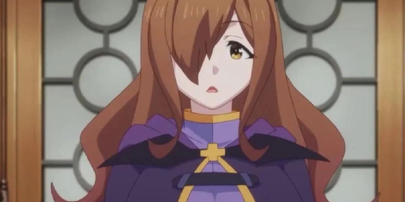 Wiz de KonoSuba parece confusa enquanto fica na frente do batente de uma porta.