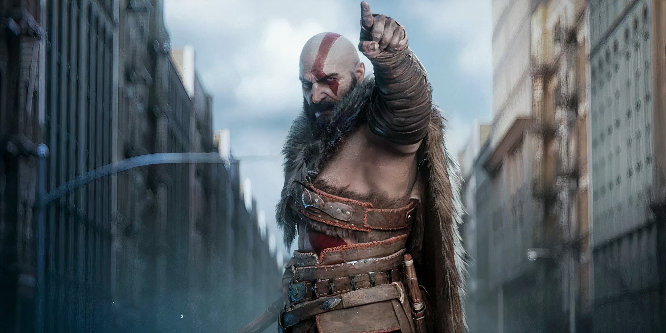 Kratos pointing at something while standing in a city street in Secret Level