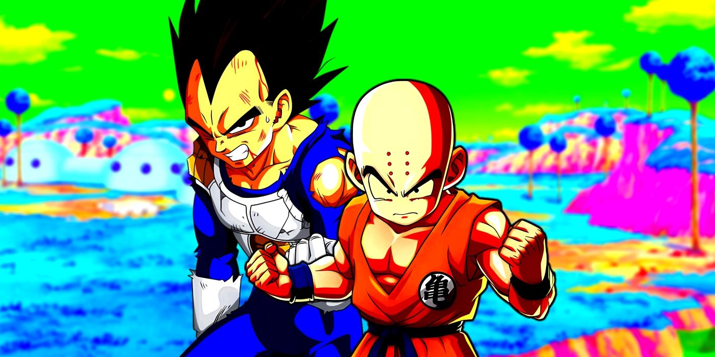 Krillin and Vegeta standing side by side, with the latter looking hurt. Behind them, Planet Namek can be seen. 