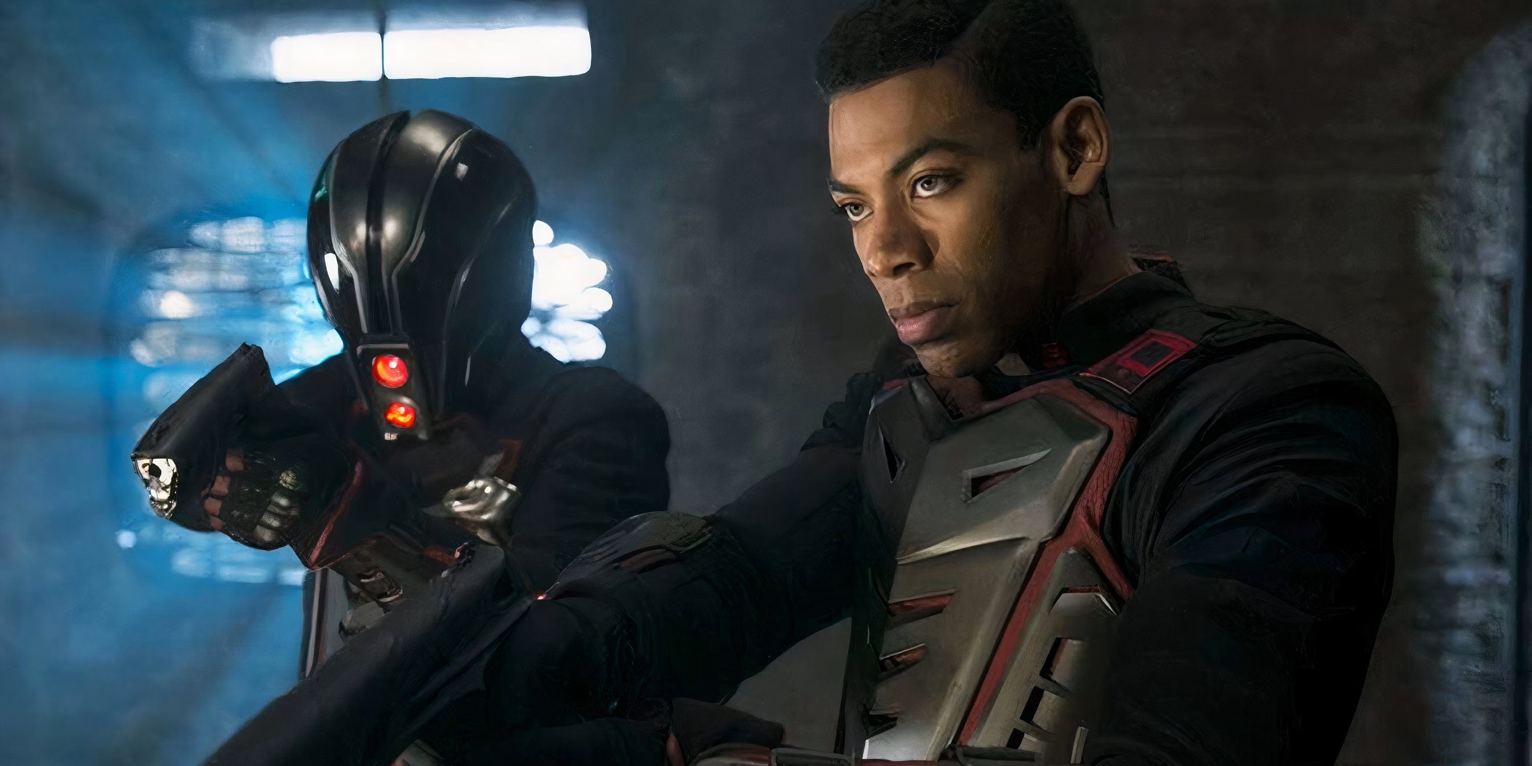 Dev-Em (Aaron Pierre) com um soldado em Krypton